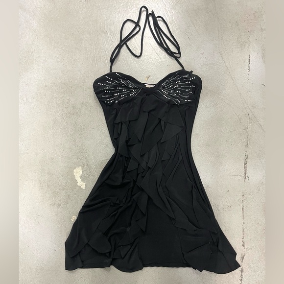 Y2k Bedazzled Babydoll Halter Ruffle Bodycon Going Out Mini Dress Whimsigoth - Picture 1 of 8